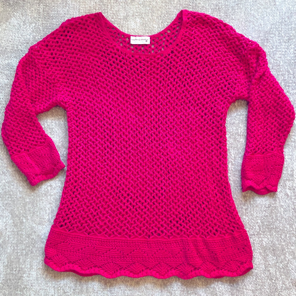 Vintage 90s Y2k Crochet Knit Mini Dress Long Sleeve Hot Pink
